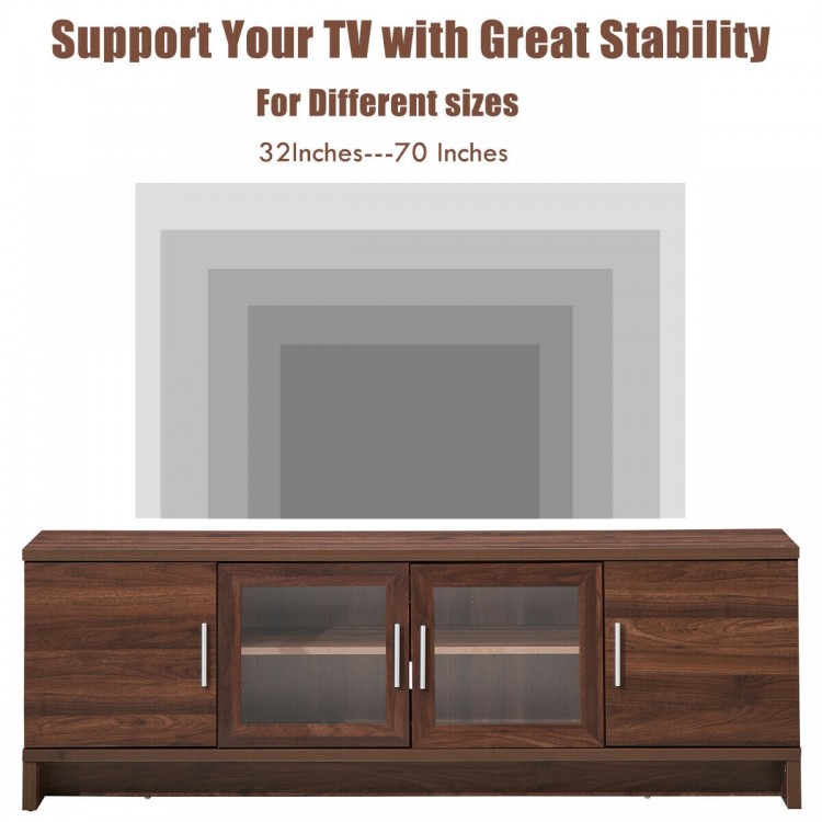 Walnut media entertainment TV stand featuring a wide tabletop for TVs up to 70 inches and three large cabinets for.