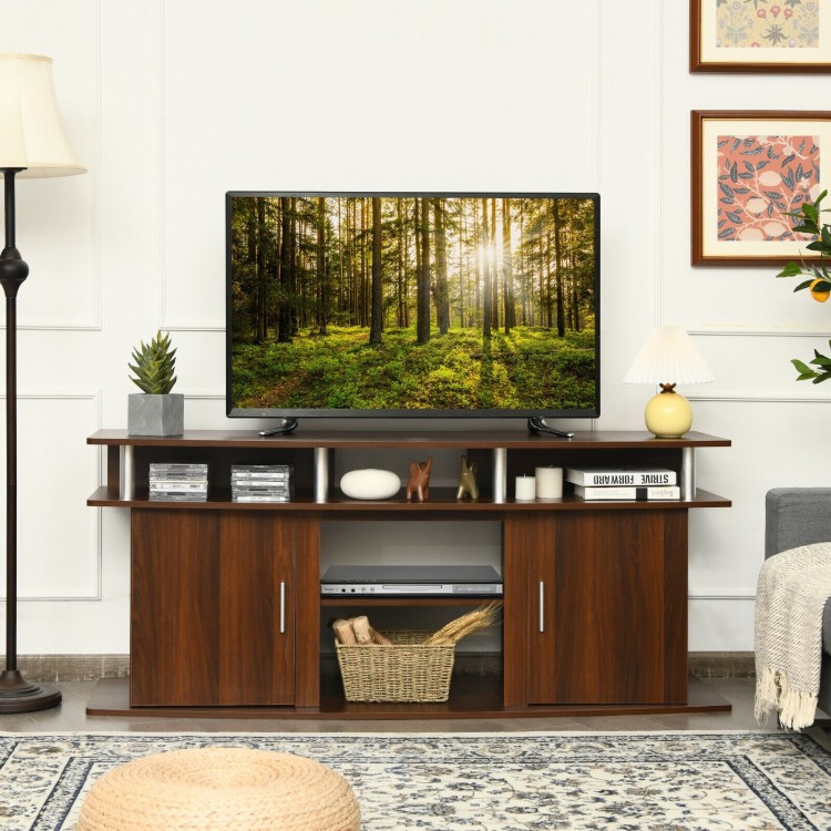 Walnut 63-inch TV entertainment console with 2 cabinets and open shelves, perfect for living room or bedroom decor.