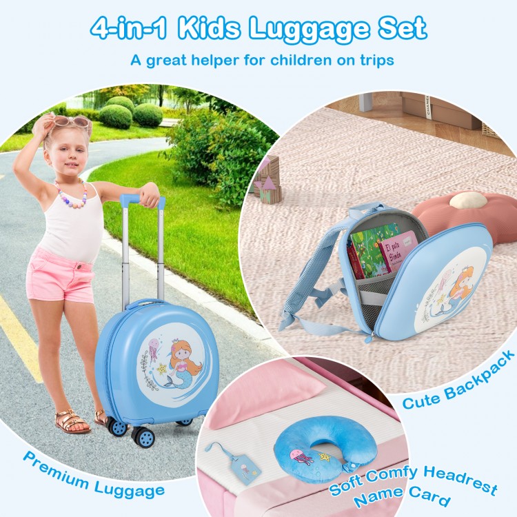 Kids luggage set featuring a 14" blue hardside spinner suitcase and 10" backpack, perfect for young travelers.