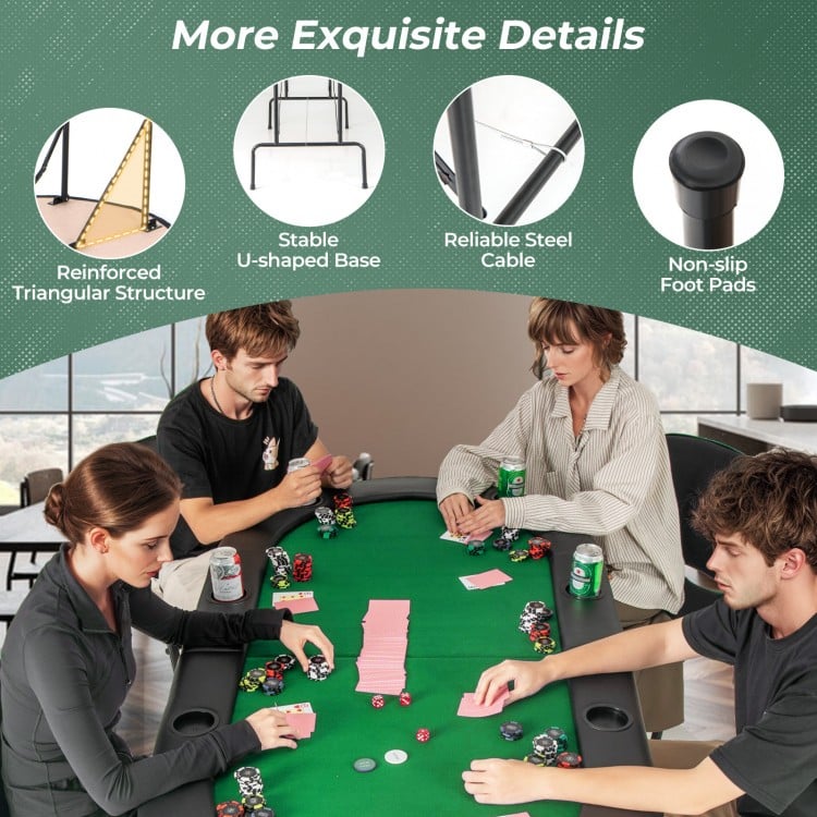 Foldable green poker table for 8 players with reinforced triangular structure and non-slip foot pads, perfect for game.