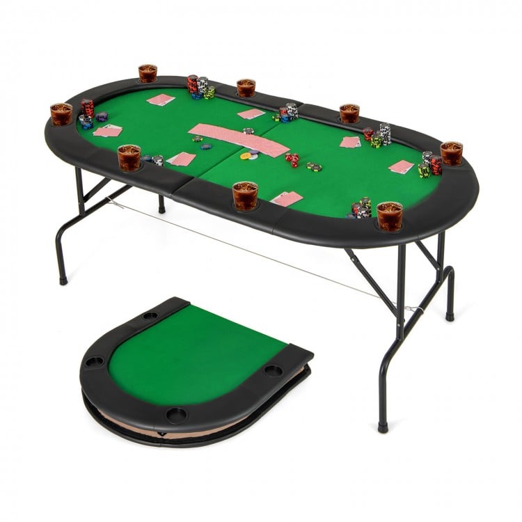 Foldable 8-player Texas Holdem poker table with green felt, cup holders, and padded armrests for comfortable gameplay.