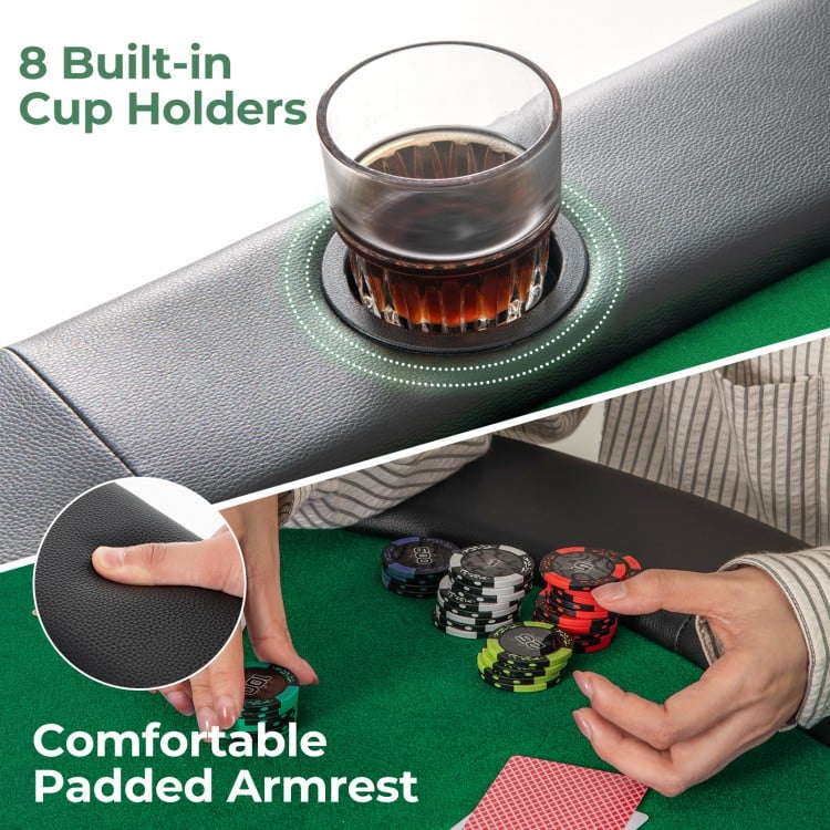 Close-up of the padded armrest and built-in cup holder on the 8 Players Texas Holdem Poker Table for comfortable.