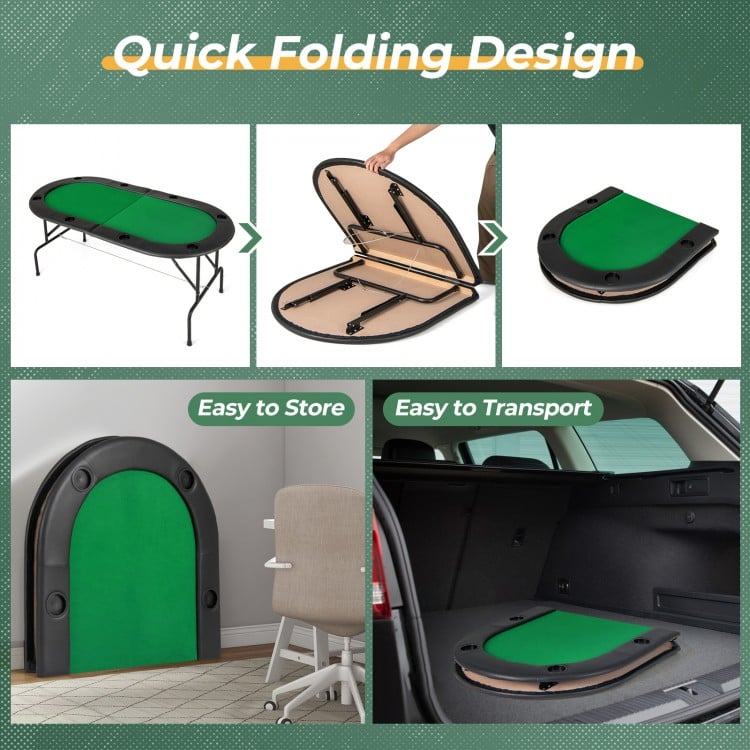 Foldable poker table with green felt surface, 8 cup holders, and compact design for easy transport and storage.