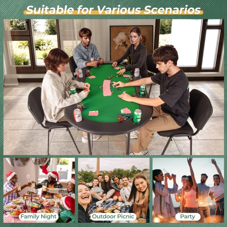 Foldable green poker table for 8 players with cup holders, perfect for family game nights and outdoor parties.