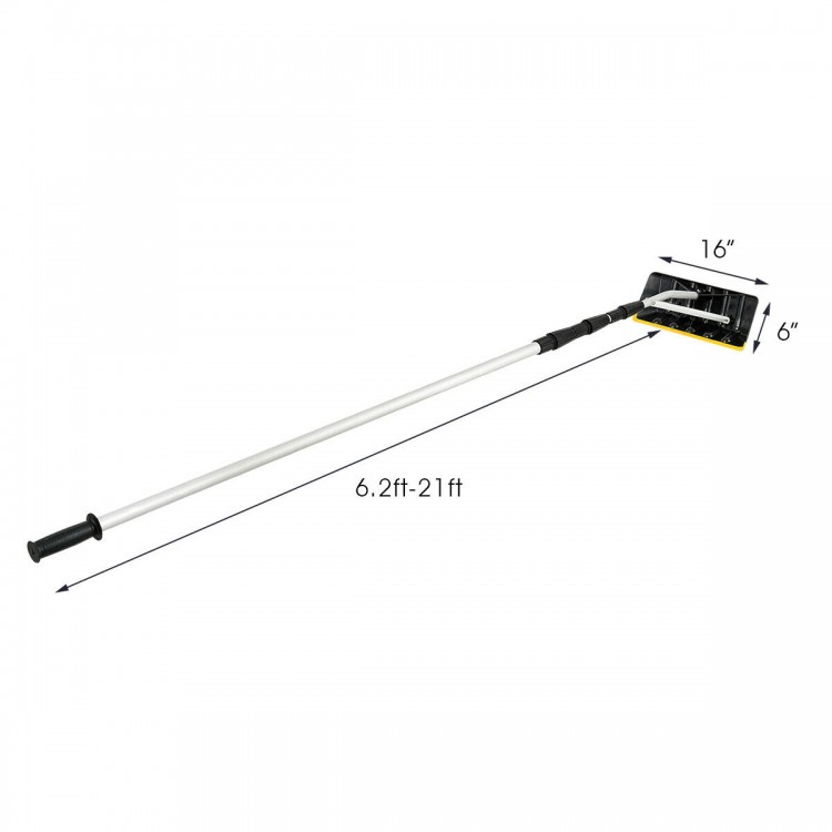 Telescoping snow roof rake with a large blade, adjustable length, and non-slip handle for easy snow removal.