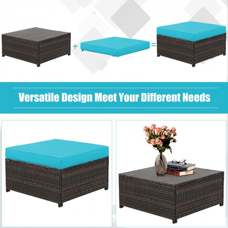 Turquoise cushioned ottoman from the 5-piece patio rattan furniture set, versatile for outdoor use and easy to clean.