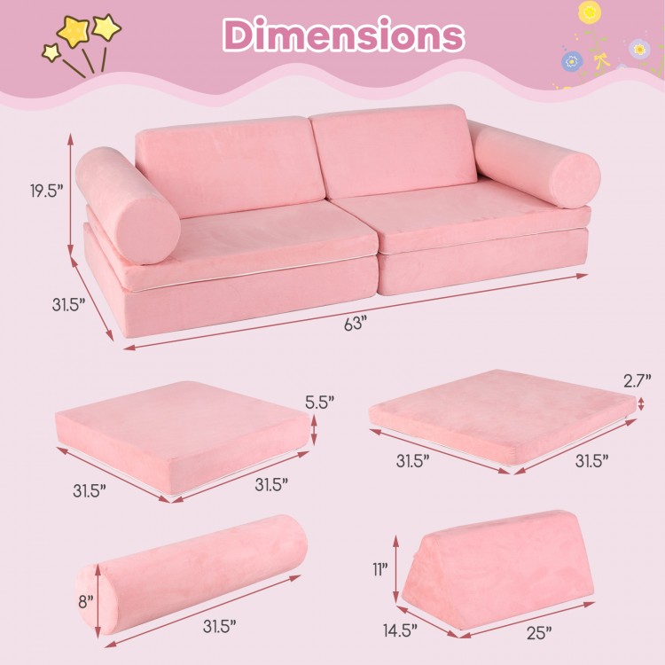 Dimensions of the 8-piece pink kids play couch foam set, showcasing modular pieces for versatile play and comfort.