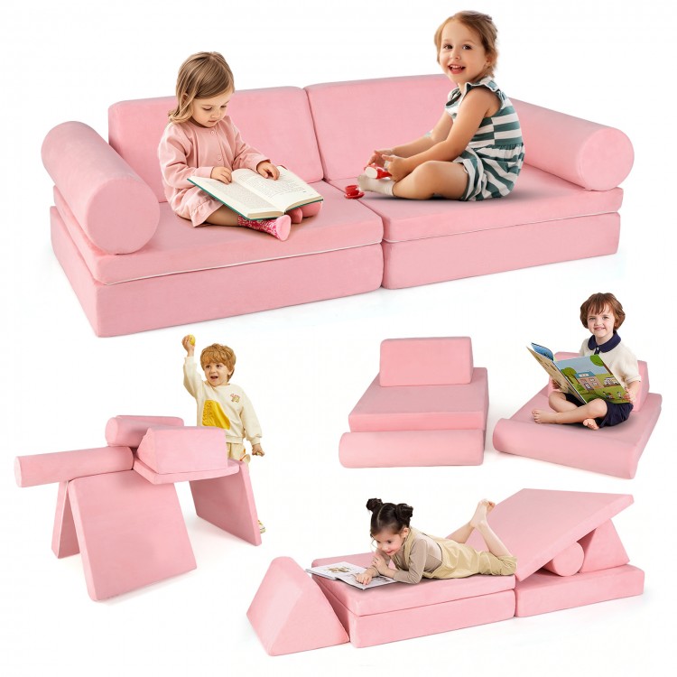 Modular 8-piece kids play couch set in pink, featuring soft suede cover, ideal for imaginative play and building forts.