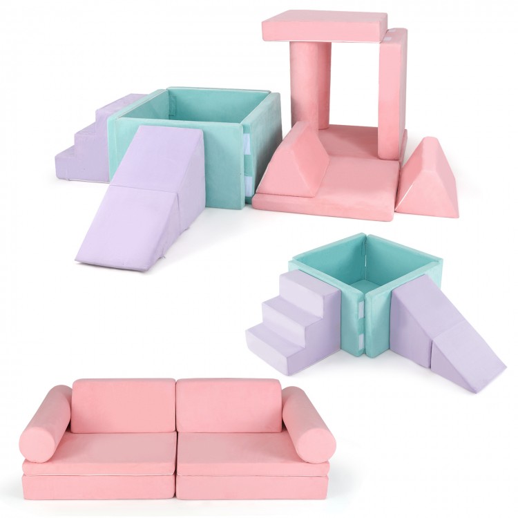 Modular 8-piece kids play couch set in pink and teal, designed for imaginative play and safe lounging.