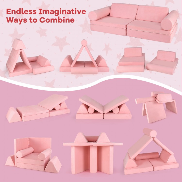 Modular 8-piece kids play couch set in pink, featuring soft suede cover for versatile building and imaginative play.