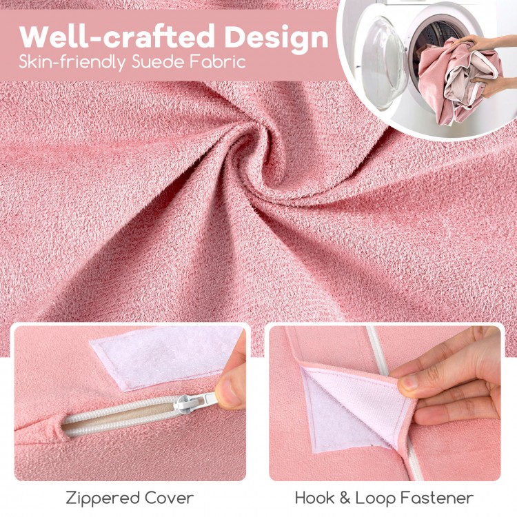Detail of the pink suede fabric with zippered cover and hook & loop fastener for the kids play couch foam set.