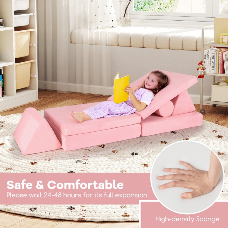 Kids play couch set in pink, featuring high-density sponge for comfort, ideal for imaginative play and lounging.