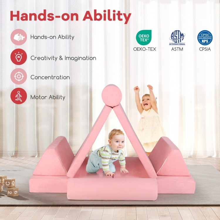 Kids play couch foam building fort set in pink, featuring 8 modular pieces for creative play and safe lounging.
