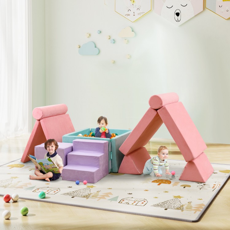 Colorful 8-piece kids play couch foam building fort set in pink with suede cover, perfect for imaginative play and.