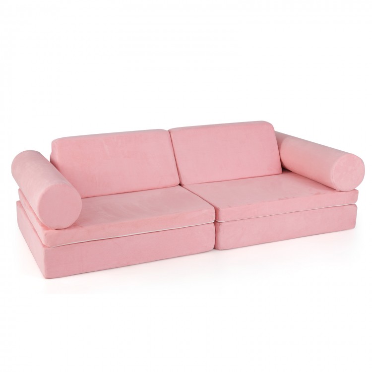 Modular pink kids play couch set with suede cover, designed for versatile configurations and comfortable play.