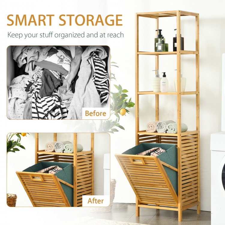 Bamboo tower hamper organizer with a tilt-out design and 3-tier shelves, perfect for stylish and functional laundry.