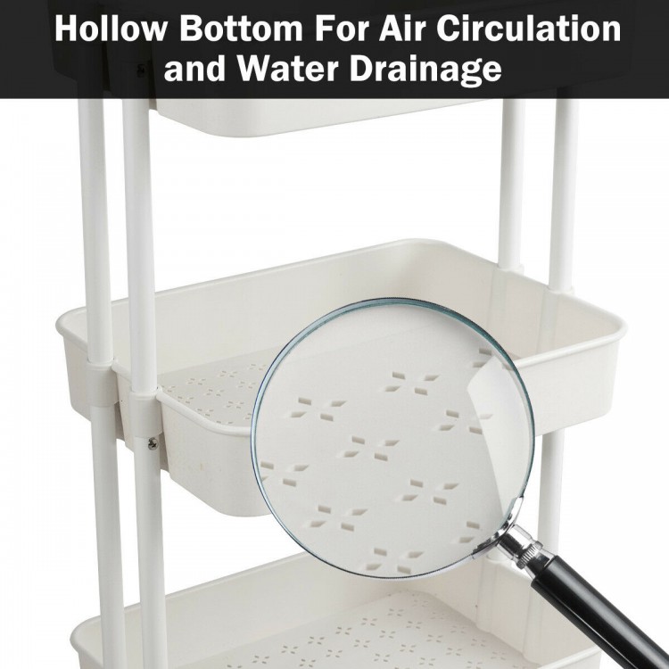 Detail of the 3-tier utility cart showing hollow bottom for air circulation and water drainage, ideal for versatile.