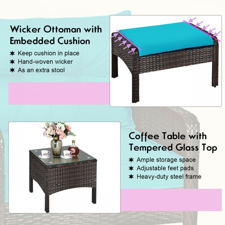 Wicker ottoman with turquoise cushion, part of a 5 pcs patio rattan sofa set, perfect for outdoor relaxation.