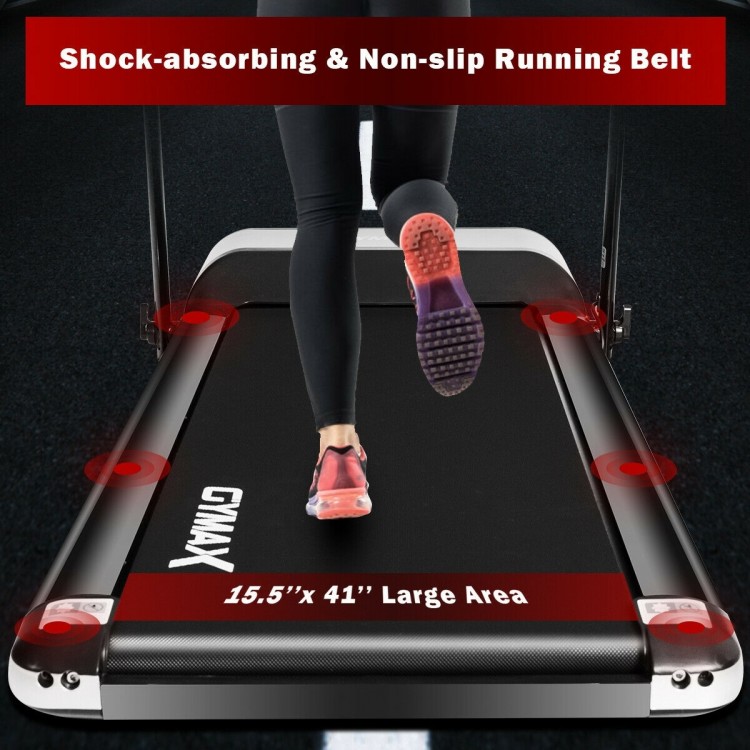 Ultra-thin electric folding treadmill with a shock-absorbing non-slip running belt, ideal for home workouts.