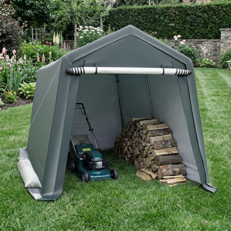 Outdoor storage shed featuring a roll-up zipper door, made of durable PE fabric, ideal for lawn mowers and garden tools.