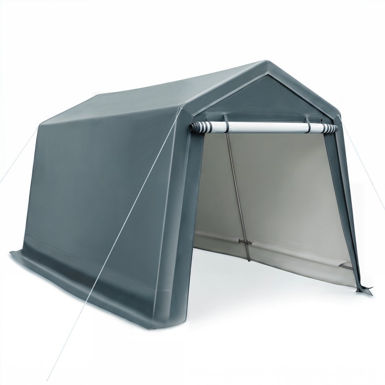 Outdoor storage shed measuring 8.3 x 14 feet with a roll-up zipper door, ideal for bikes and garden tools.
