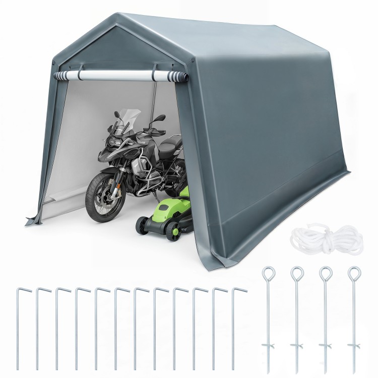 Outdoor storage shed with roll-up zipper door, made of durable PE fabric, ideal for bikes and garden tools in the backyard.