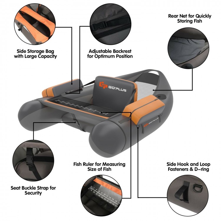 Detailed view of the rear net on the gray inflatable fishing float tube, designed for easy fish storage and drainage.