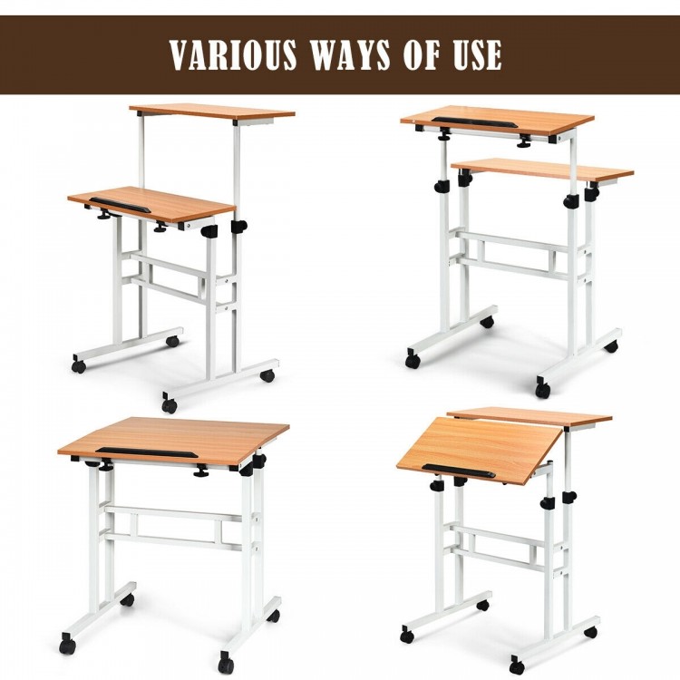 Height adjustable 2 in 1 sit-stand computer desk with split-top design and wheels for versatile use in any room.