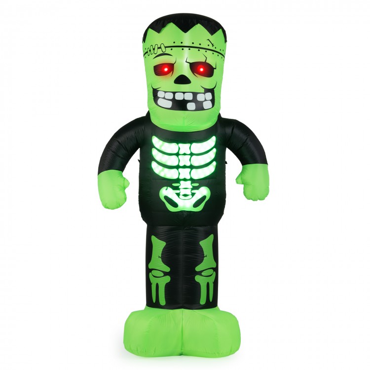 8.4 feet tall inflatable Frankenstein decoration with glowing red eyes and illuminated rib cage for Halloween displays.