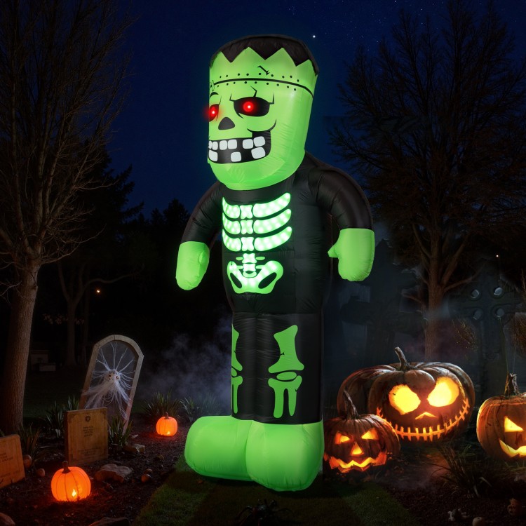 8.4 feet tall inflatable Frankenstein decoration with glowing red eyes and illuminated rib cage, perfect for Halloween.