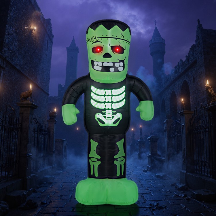 8.4 feet tall inflatable Halloween Frankenstein decoration with glowing red eyes and illuminated rib cage for spooky.