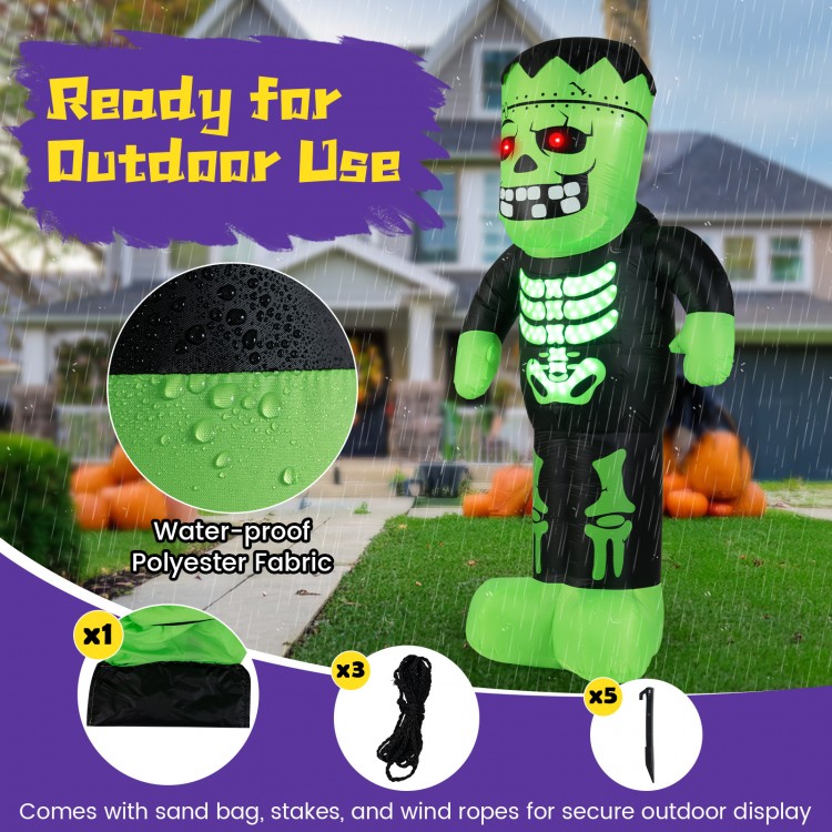 8.4 feet tall inflatable Frankenstein decoration with glowing eyes, waterproof fabric, and secure outdoor display.