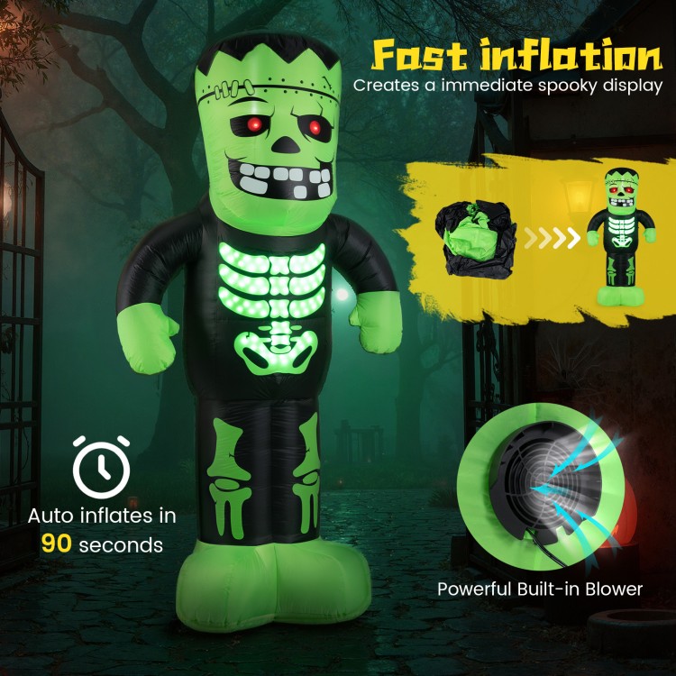 8.4 feet tall Halloween inflatable Frankenstein decoration with glowing eyes and LED rib cage, perfect for spooky.