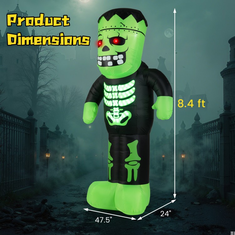 8.4 ft tall Halloween inflatable Frankenstein decoration with glowing red eyes and illuminated rib cage for spooky.