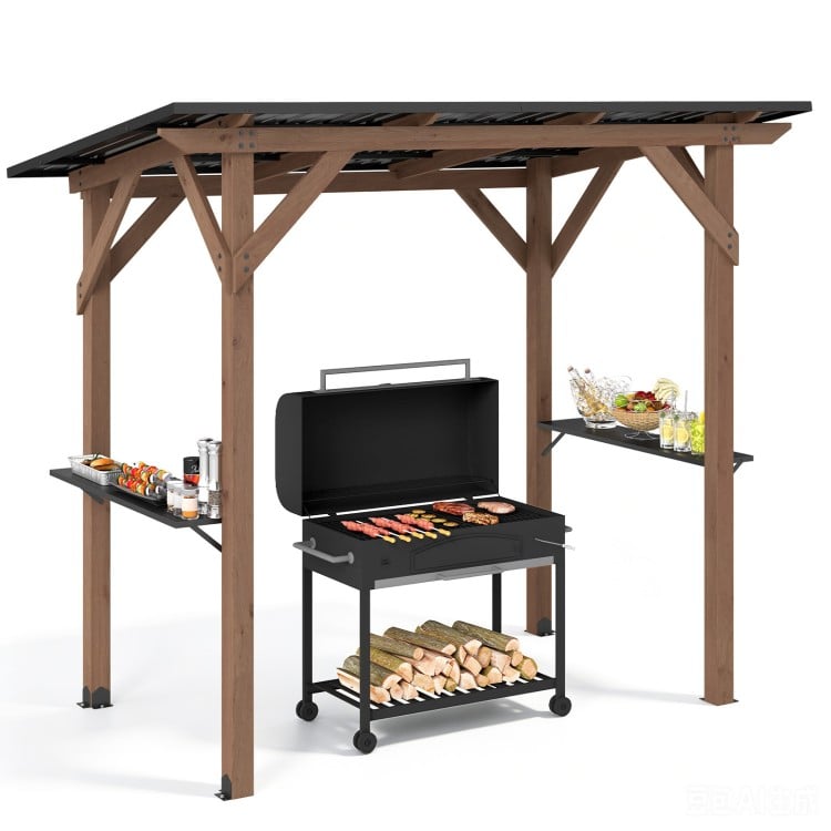 Cedar wood BBQ gazebo features a spacious design with a sloped metal roof, perfect for outdoor cooking and entertainment.