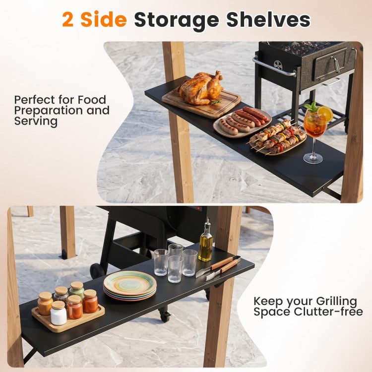 Cedar wood BBQ gazebo with two side storage shelves for food preparation and serving during outdoor gatherings.