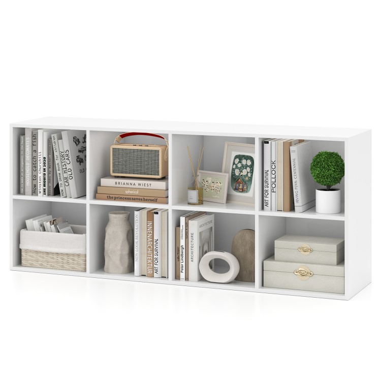 White 8-cube bookshelf with decorative items, featuring anti-tipping kits and protective foot pads for stability.