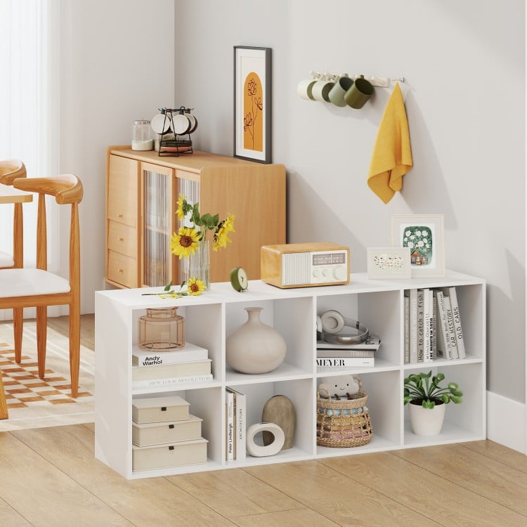 8-cube white bookshelf with anti-tipping kits, perfect for organizing books and decor in living rooms or bedrooms.