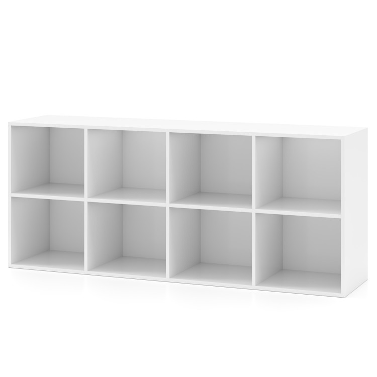 White 8-cube bookshelf with anti-tipping kits, ideal for organized storage in living rooms or bedrooms.
