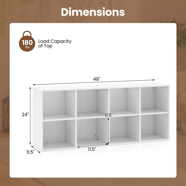 Dimensions of the 8-cube bookshelf in white, featuring a 180 lbs load capacity and anti-tipping kits for safety.