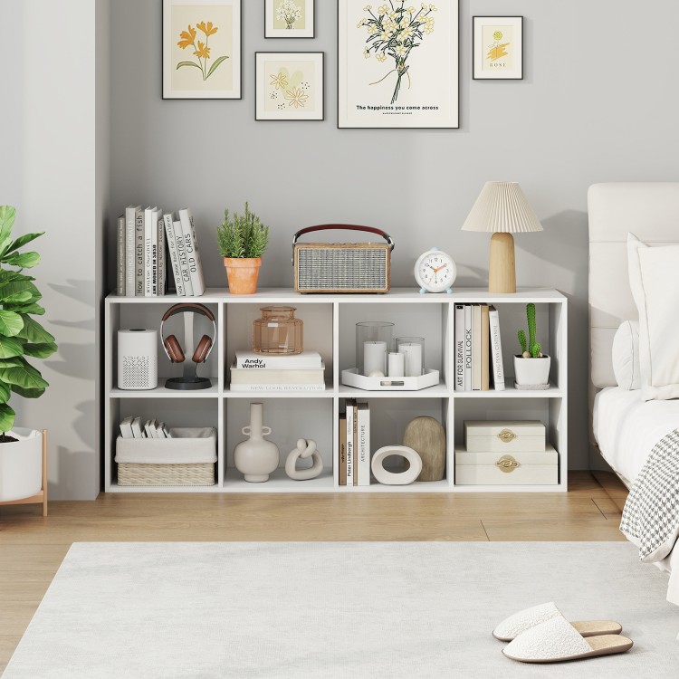 8-cube white bookshelf with storage cubes and anti-tipping kits, ideal for organizing books and decor in any room.