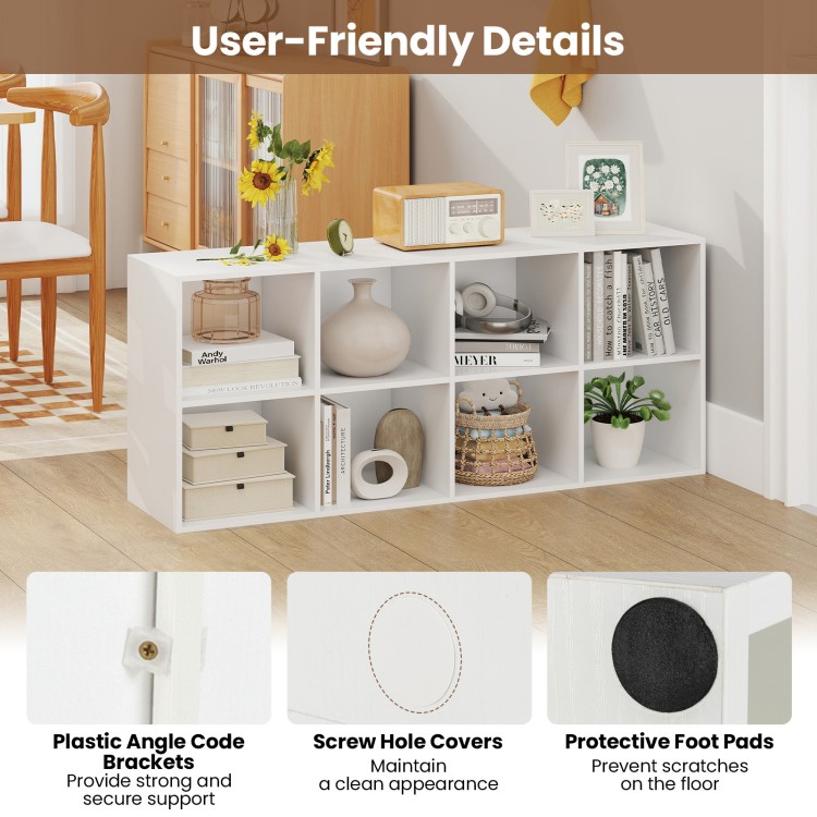 8-cube white bookshelf with anti-tipping kits, screw hole covers, and protective foot pads for organized storage.