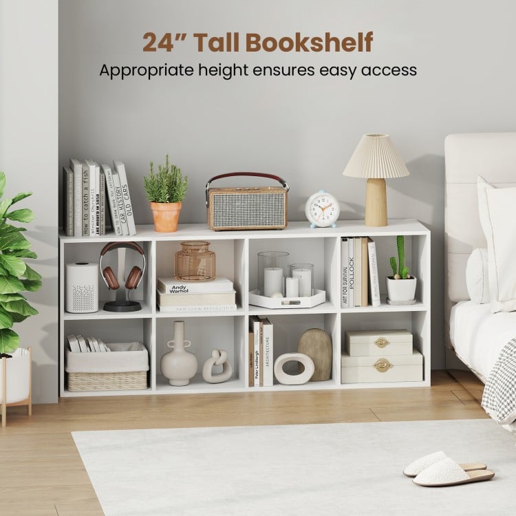 24" tall white bookshelf with 8 storage cubes, ideal for organizing books and decor in living rooms or bedrooms.