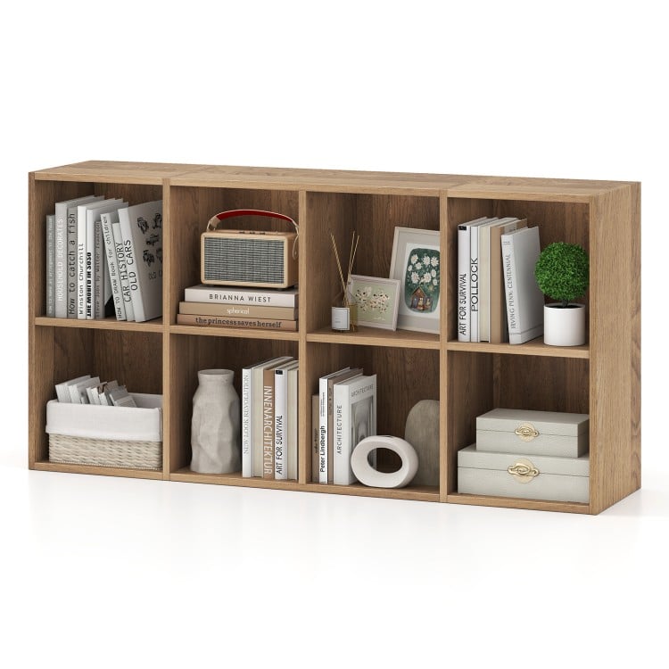 8-cube bookcase in natural finish with decorative items and books, ideal for organized storage and display.