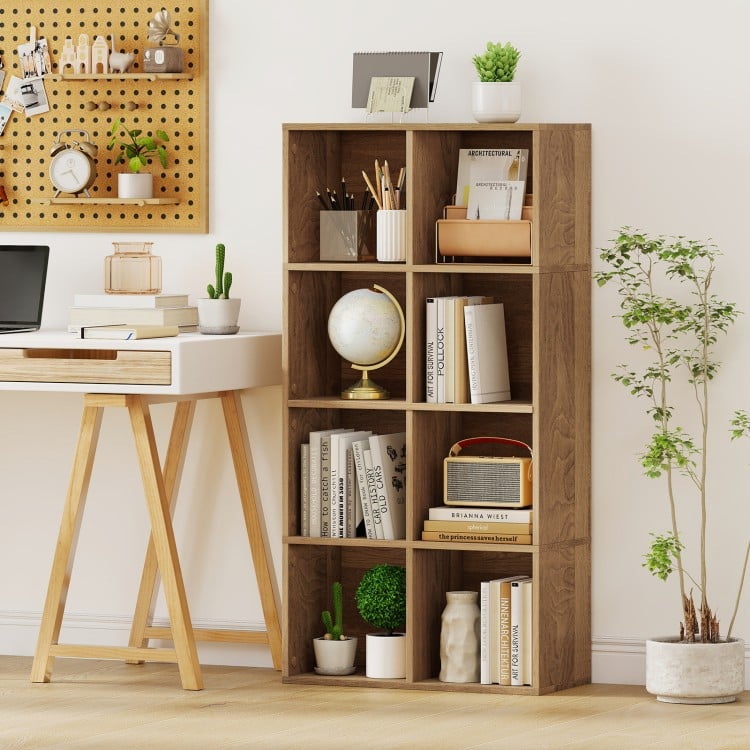8-cube bookcase in natural finish with books and decor, perfect for organizing your home office or living space.