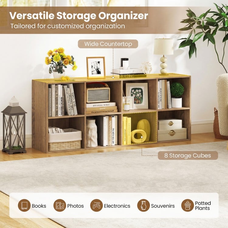 8-cube bookshelf in natural finish with wide countertop, ideal for organizing books, photos, and potted plants.
