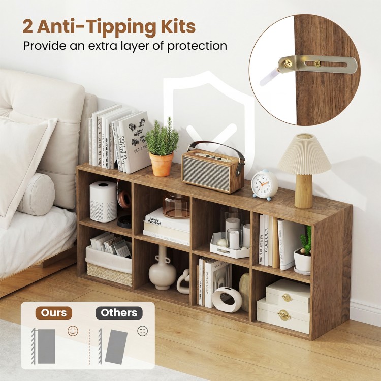 8-cube bookshelf in natural finish with 2 anti-tipping kits, ideal for secure storage and organization.