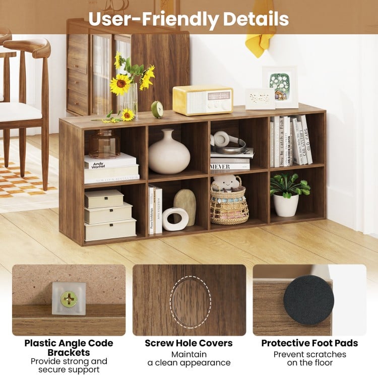 8-cube bookshelf in natural finish with anti-tipping kits and protective foot pads for secure storage and organization.