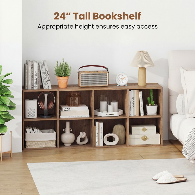 8-cube bookshelf in natural finish, 24" tall, featuring organized storage for books and decor in a stylish living space.