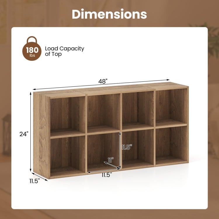8-cube bookshelf in natural finish with dimensions and load capacity, ideal for organizing books and decor.